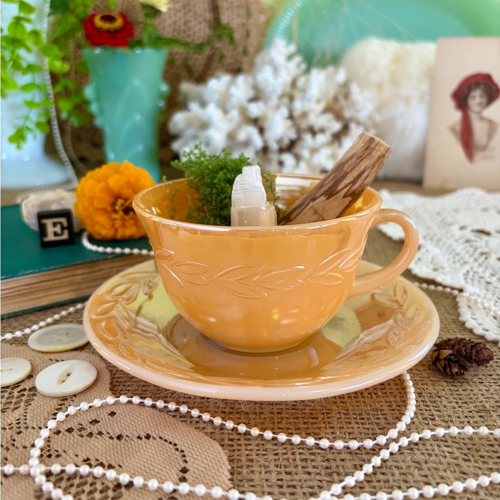 Vintage Fire-King Glass Tea Cup & Saucer 🍑 Unique Home Decor / Colorful / Gift